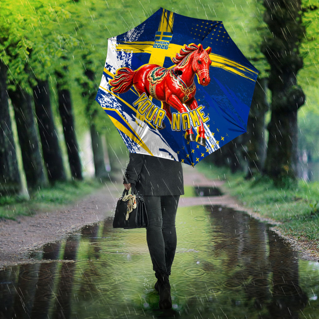 Personalized Sweden Dala Horse Soccer 2026 Umbrella Grunge Swedish Flag Brush Strokes