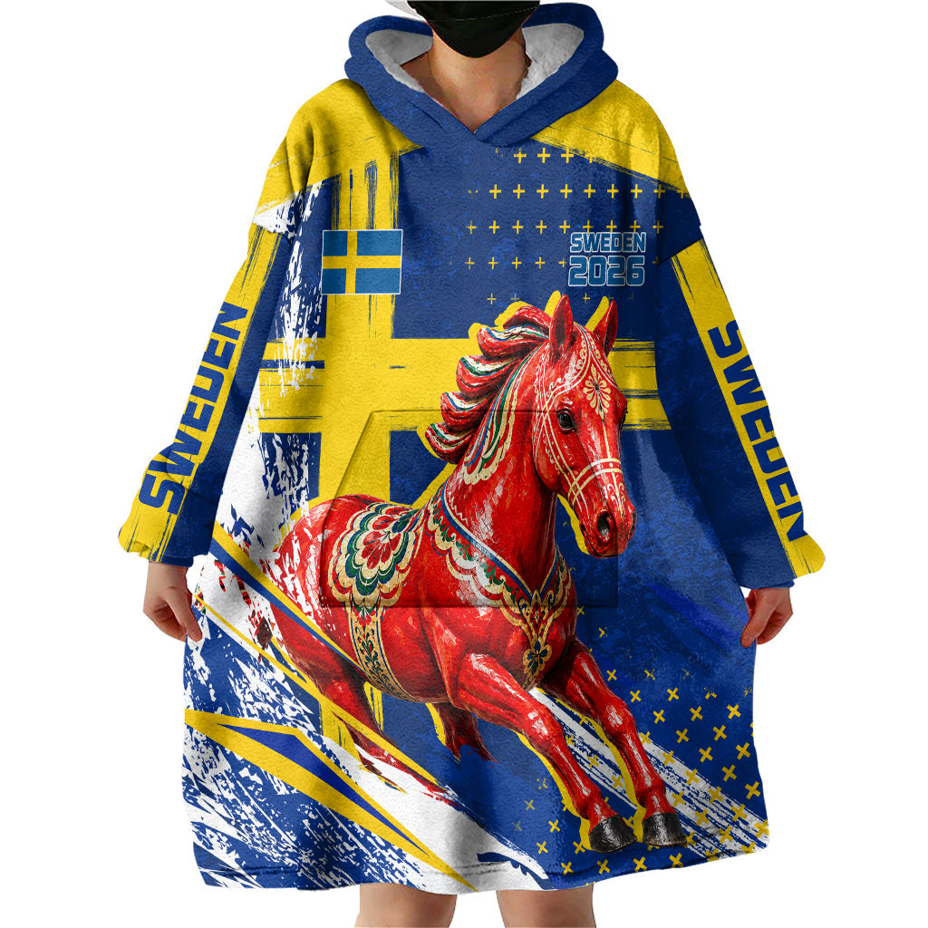 Personalized Sweden Dala Horse Soccer 2026 Wearable Blanket Hoodie Grunge Swedish Flag Brush Strokes