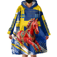 Personalized Sweden Dala Horse Soccer 2026 Wearable Blanket Hoodie Grunge Swedish Flag Brush Strokes