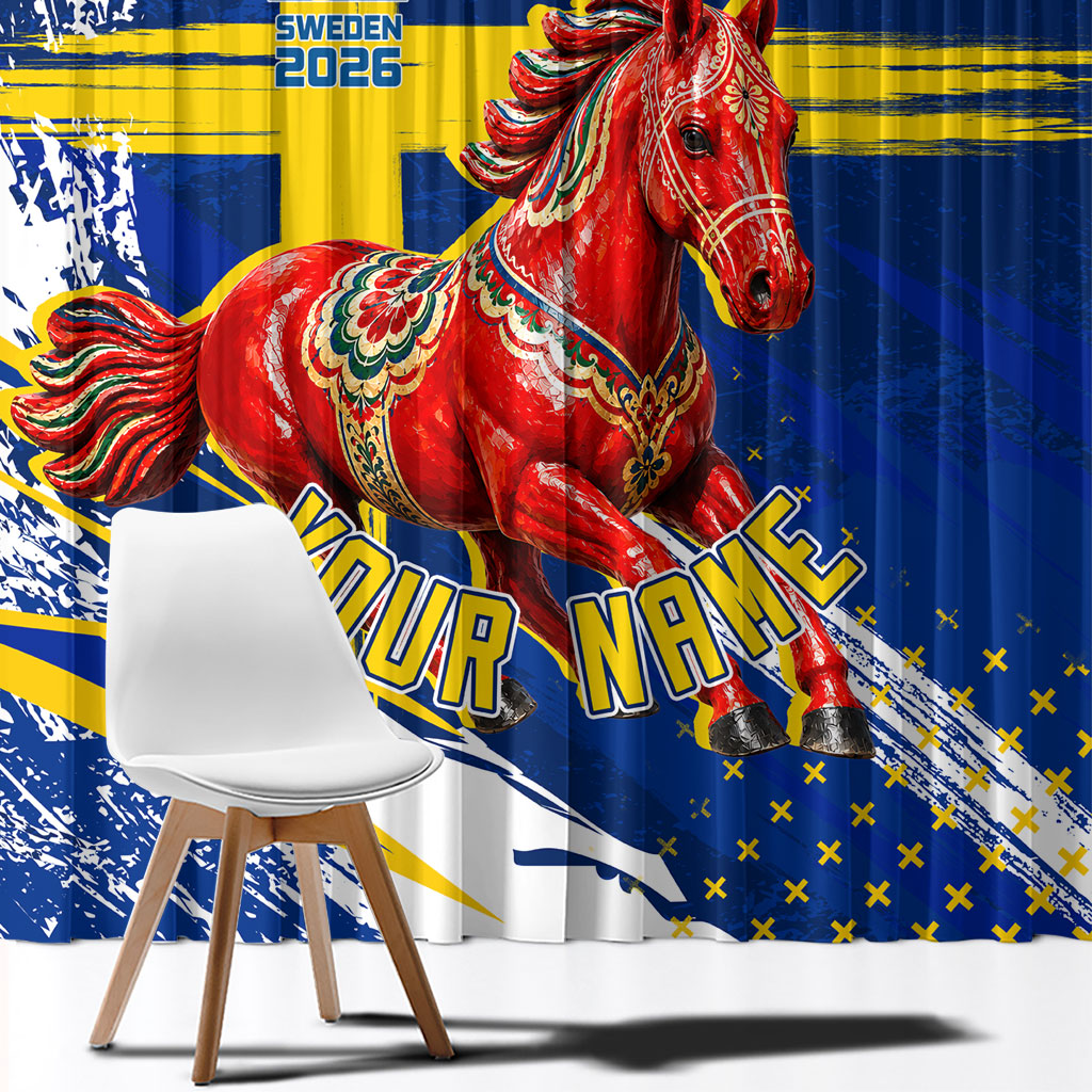 Personalized Sweden Dala Horse Soccer 2026 Window Curtain Grunge Swedish Flag Brush Strokes