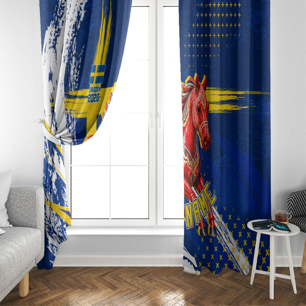 Personalized Sweden Dala Horse Soccer 2026 Window Curtain Grunge Swedish Flag Brush Strokes