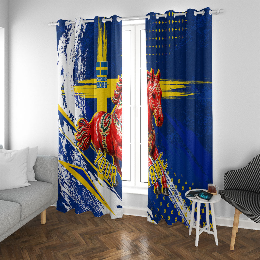 Personalized Sweden Dala Horse Soccer 2026 Window Curtain Grunge Swedish Flag Brush Strokes