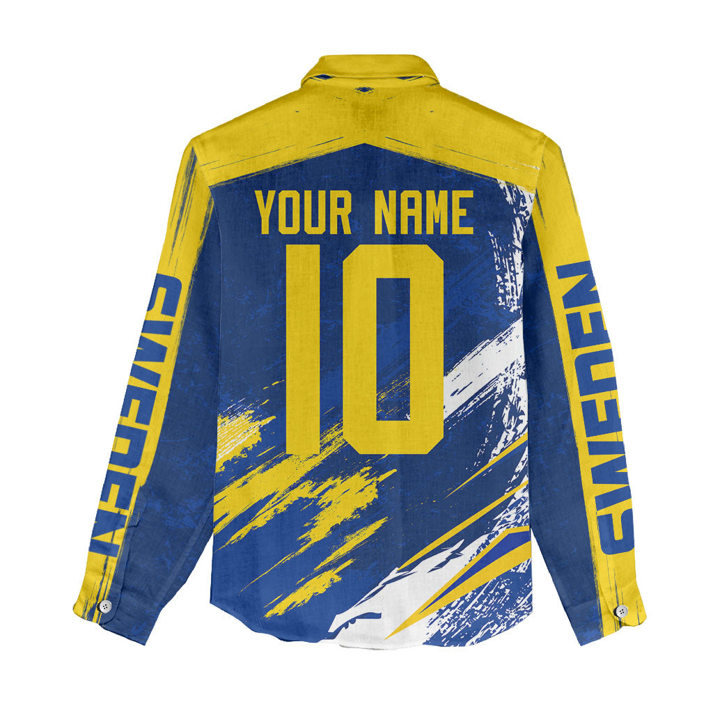Personalized Sweden Dala Horse Soccer 2026 Women Casual Shirt Grunge Swedish Flag Brush Strokes