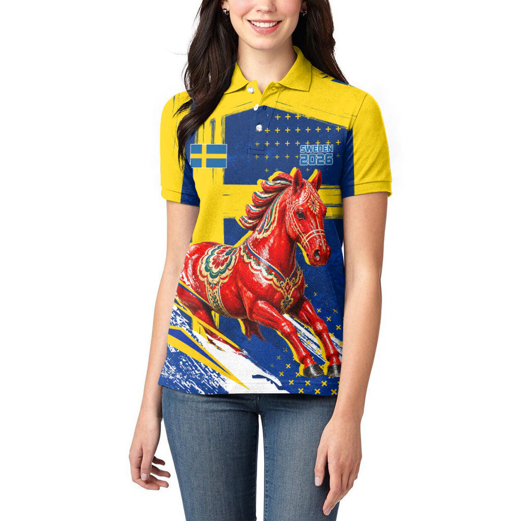 Personalized Sweden Dala Horse Soccer 2026 Women Polo Shirt Grunge Swedish Flag Brush Strokes
