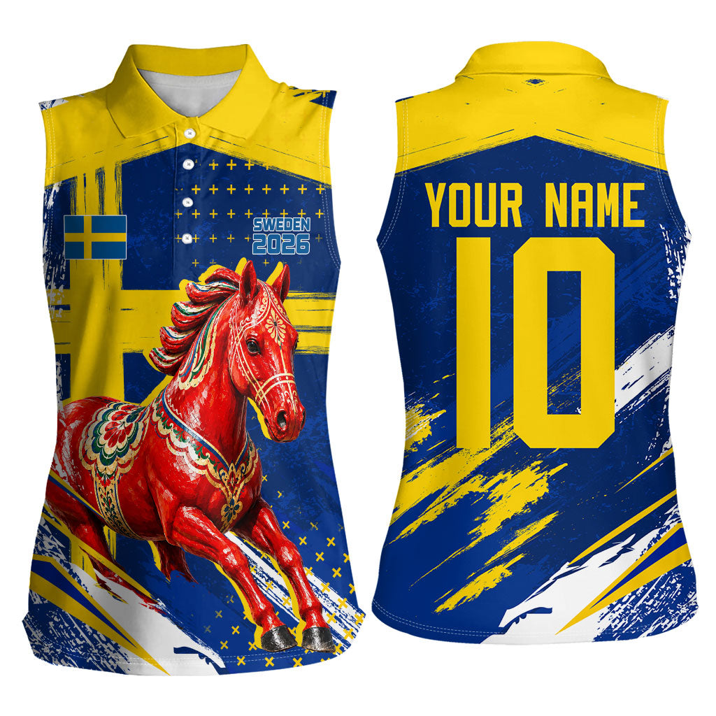 Personalized Sweden Dala Horse Soccer 2026 Women Sleeveless Polo Shirt Grunge Swedish Flag Brush Strokes