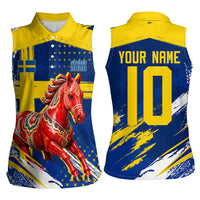 Personalized Sweden Dala Horse Soccer 2026 Women Sleeveless Polo Shirt Grunge Swedish Flag Brush Strokes