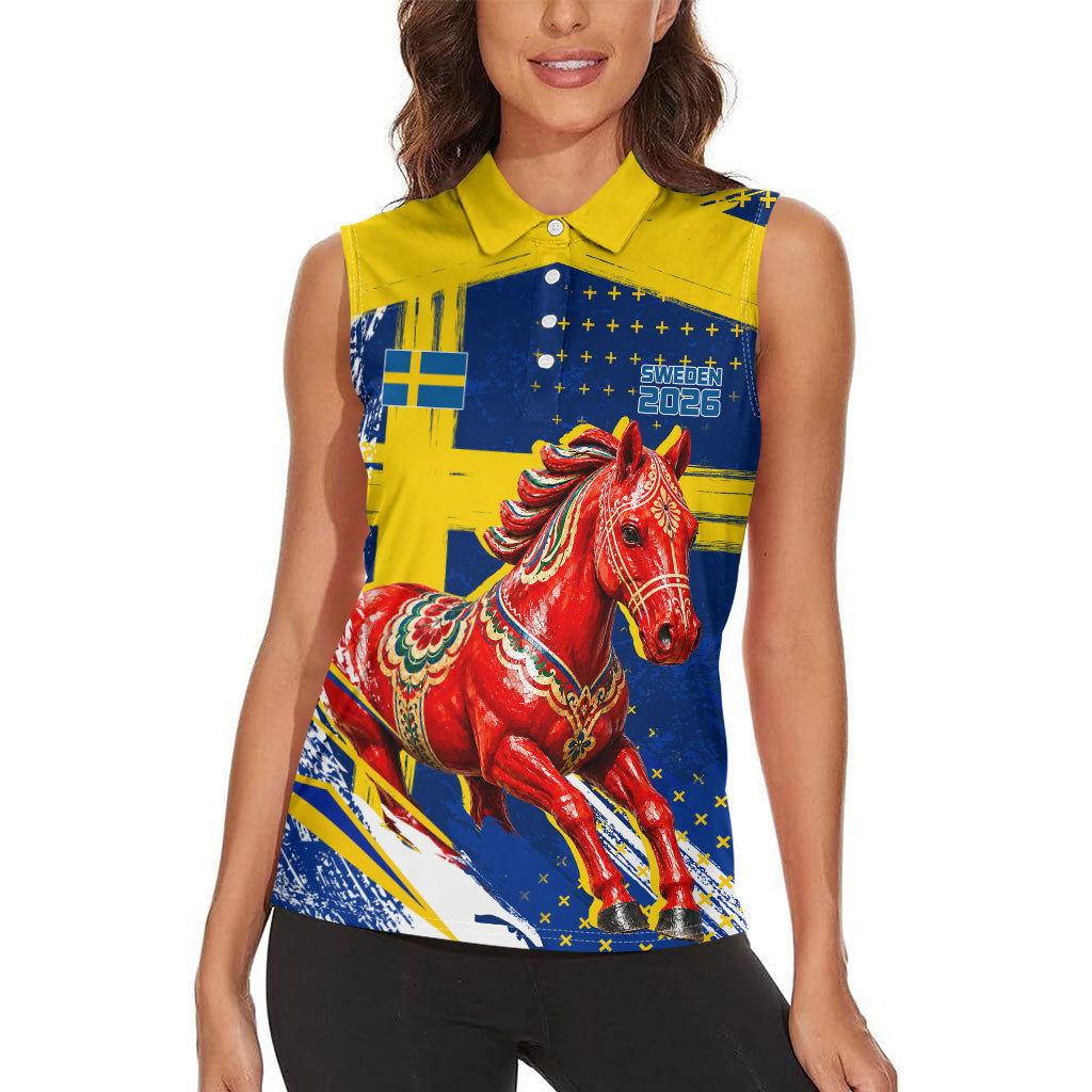 Personalized Sweden Dala Horse Soccer 2026 Women Sleeveless Polo Shirt Grunge Swedish Flag Brush Strokes