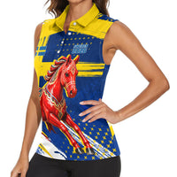 Personalized Sweden Dala Horse Soccer 2026 Women Sleeveless Polo Shirt Grunge Swedish Flag Brush Strokes