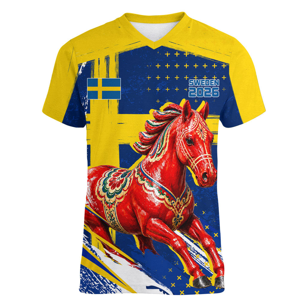 Personalized Sweden Dala Horse Soccer 2026 Women V-Neck T-Shirt Grunge Swedish Flag Brush Strokes
