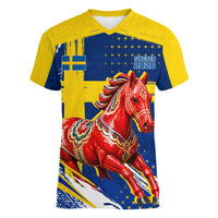 Personalized Sweden Dala Horse Soccer 2026 Women V-Neck T-Shirt Grunge Swedish Flag Brush Strokes