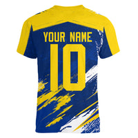 Personalized Sweden Dala Horse Soccer 2026 Women V-Neck T-Shirt Grunge Swedish Flag Brush Strokes