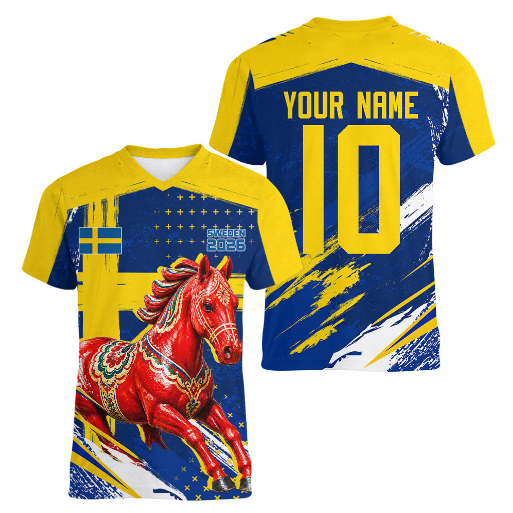 Personalized Sweden Dala Horse Soccer 2026 Women V-Neck T-Shirt Grunge Swedish Flag Brush Strokes