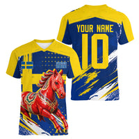 Personalized Sweden Dala Horse Soccer 2026 Women V-Neck T-Shirt Grunge Swedish Flag Brush Strokes