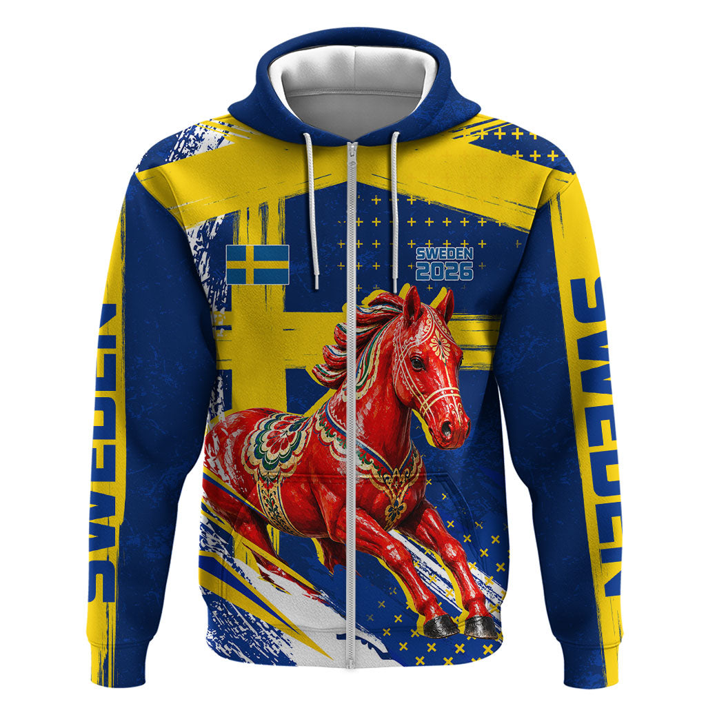 Personalized Sweden Dala Horse Soccer 2026 Zip Hoodie Grunge Swedish Flag Brush Strokes