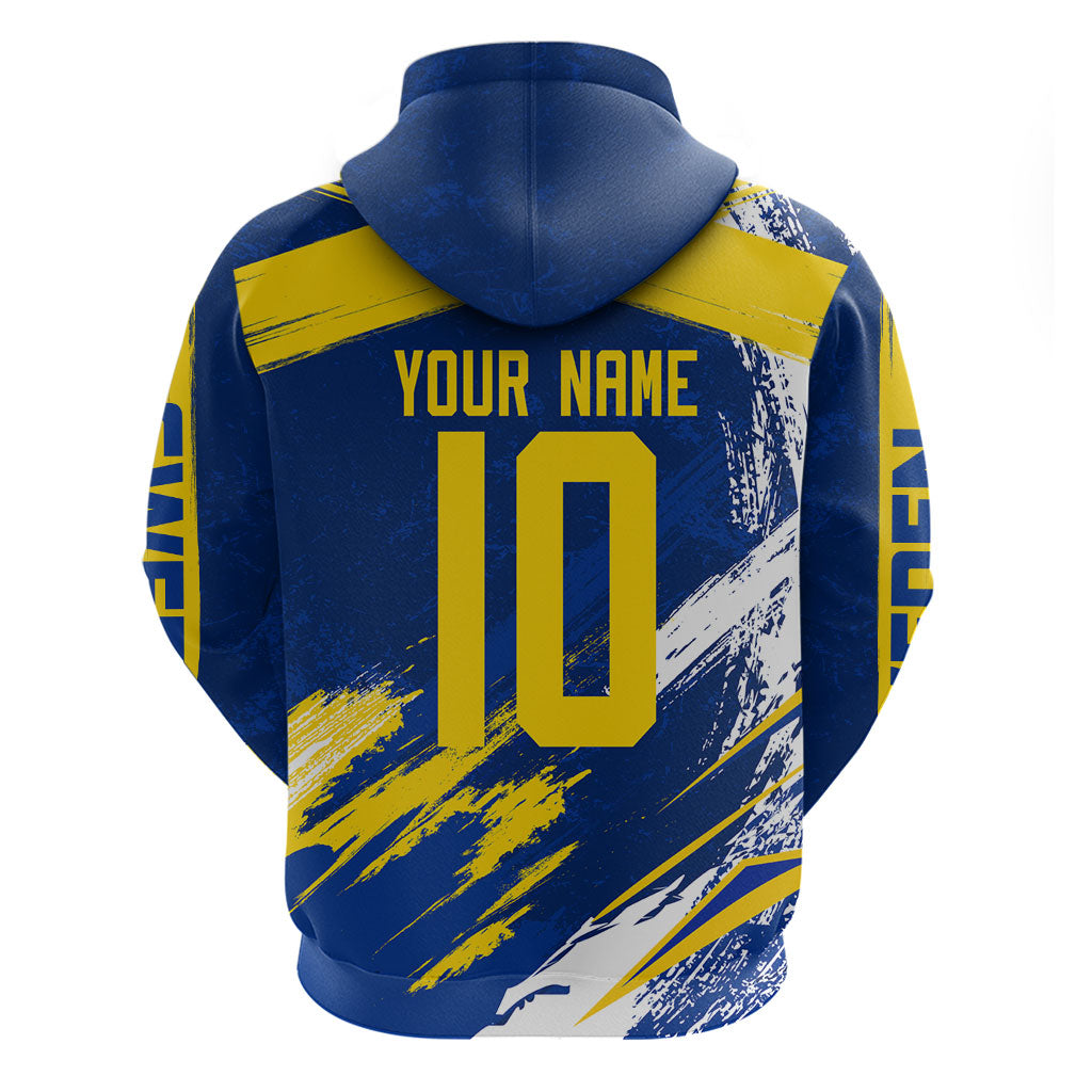 Personalized Sweden Dala Horse Soccer 2026 Zip Hoodie Grunge Swedish Flag Brush Strokes
