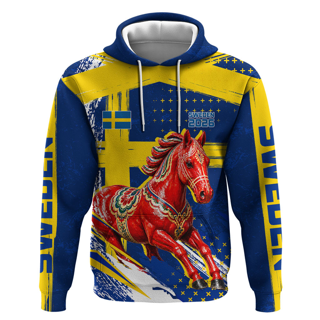 Personalized Sweden Dala Horse Soccer 2026 Zip Hoodie Grunge Swedish Flag Brush Strokes