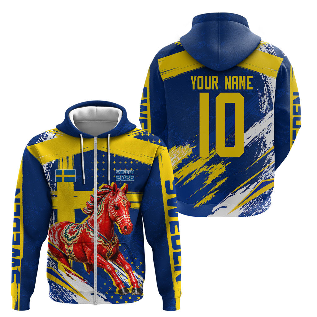 Personalized Sweden Dala Horse Soccer 2026 Zip Hoodie Grunge Swedish Flag Brush Strokes