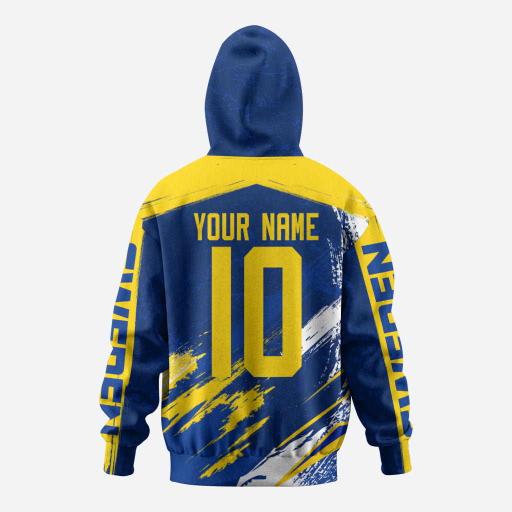 Personalized Sweden Dala Horse Soccer 2026 Zip Hoodie Grunge Swedish Flag Brush Strokes