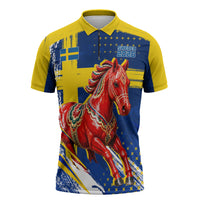 Personalized Sweden Dala Horse Soccer 2026 Zipper Polo Shirt Grunge Swedish Flag Brush Strokes