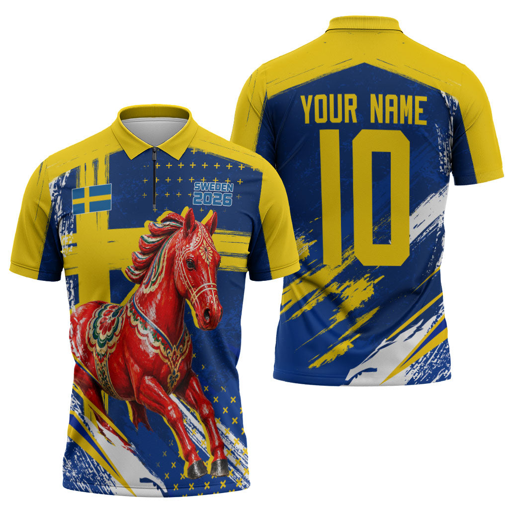 Personalized Sweden Dala Horse Soccer 2026 Zipper Polo Shirt Grunge Swedish Flag Brush Strokes