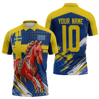 Personalized Sweden Dala Horse Soccer 2026 Zipper Polo Shirt Grunge Swedish Flag Brush Strokes
