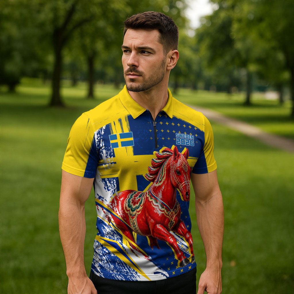 Personalized Sweden Dala Horse Soccer 2026 Zipper Polo Shirt Grunge Swedish Flag Brush Strokes