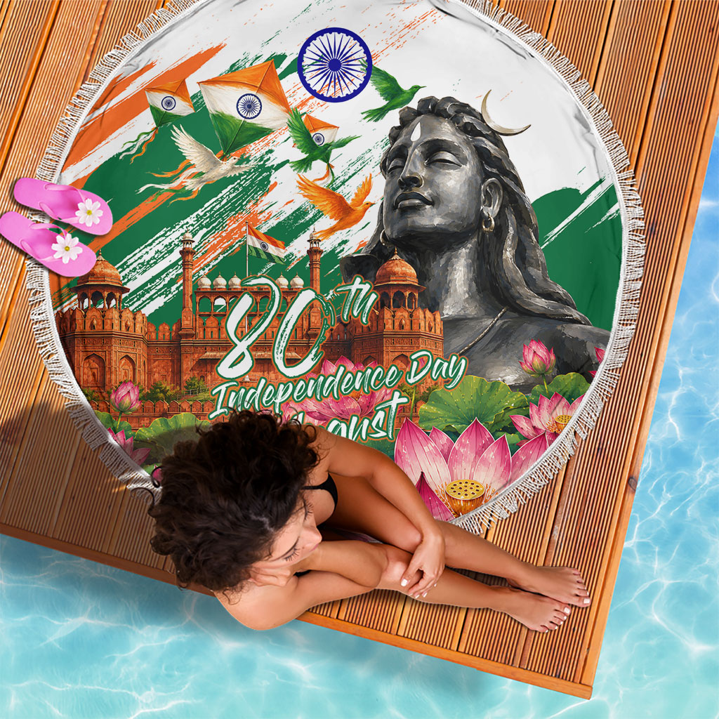 India 80th Independence Day Beach Blanket Ashoka Chakra Lotus Landmarks Shiva