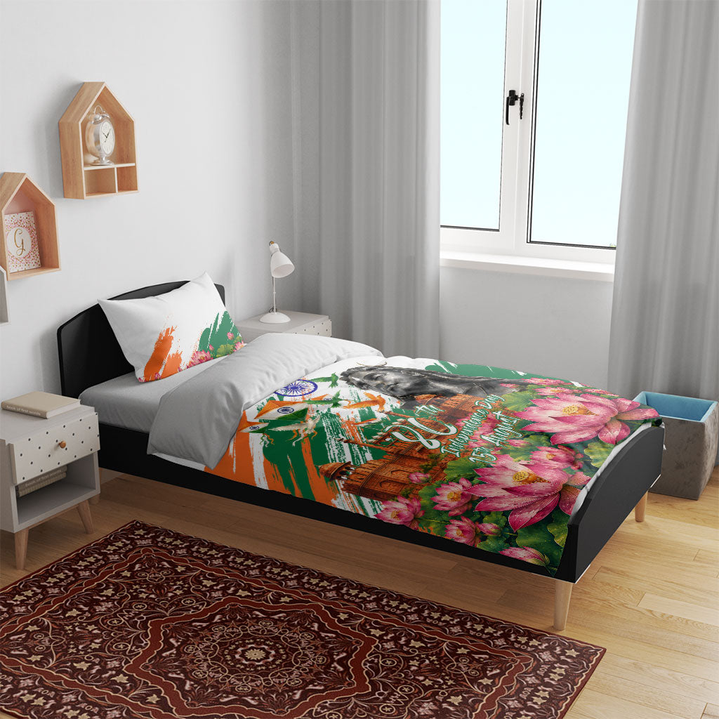 India 80th Independence Day Bedding Set Ashoka Chakra Lotus Landmarks Shiva