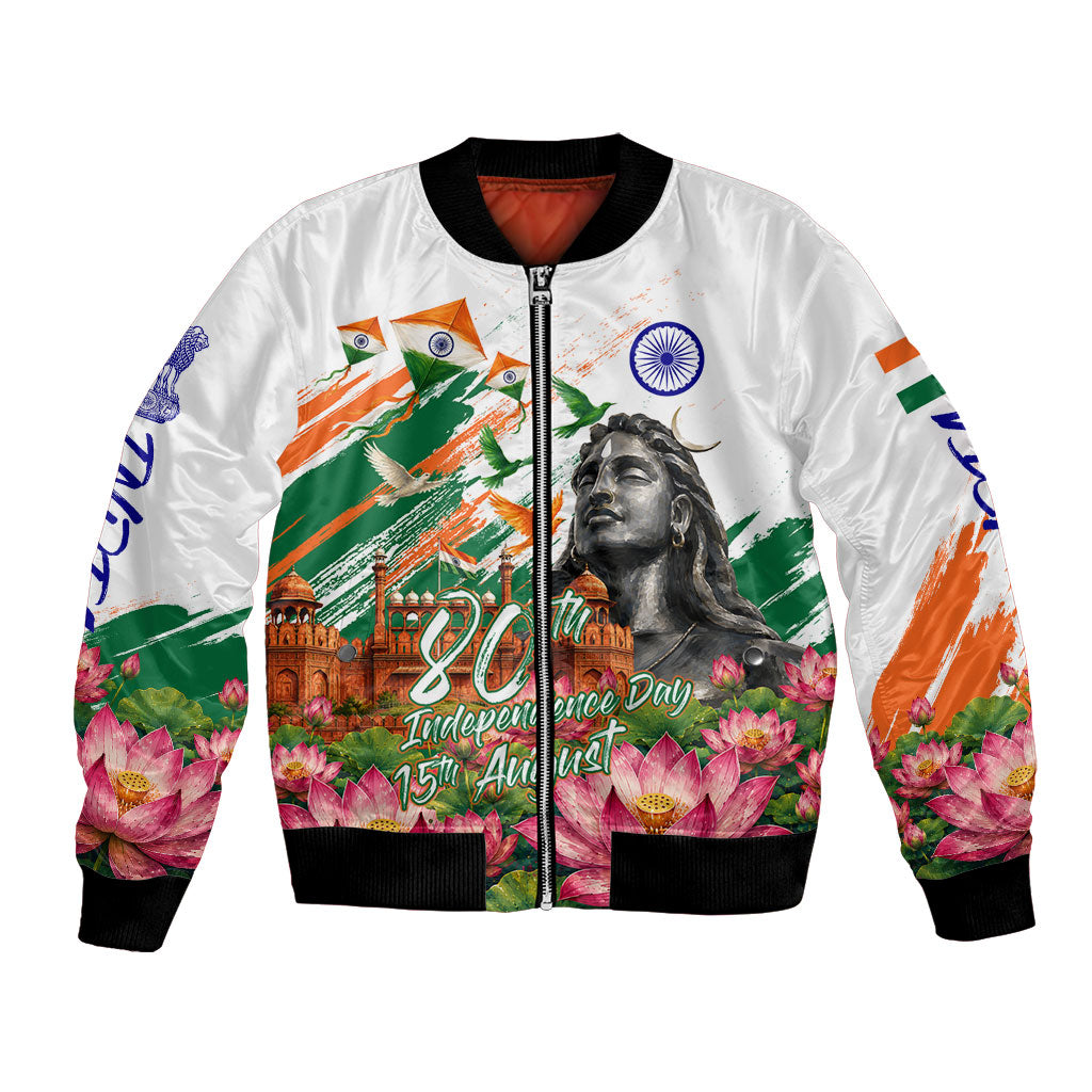 India 80th Independence Day Bomber Jacket Ashoka Chakra Lotus Landmarks Shiva