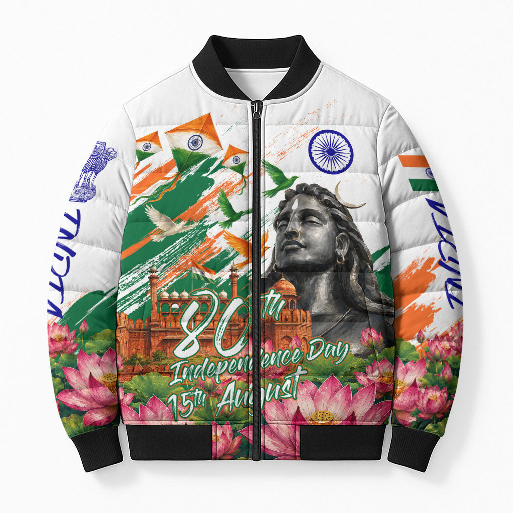 India 80th Independence Day Bomber Puffer Jacket Ashoka Chakra Lotus Landmarks Shiva