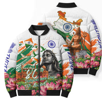 India 80th Independence Day Bomber Puffer Jacket Ashoka Chakra Lotus Landmarks Shiva