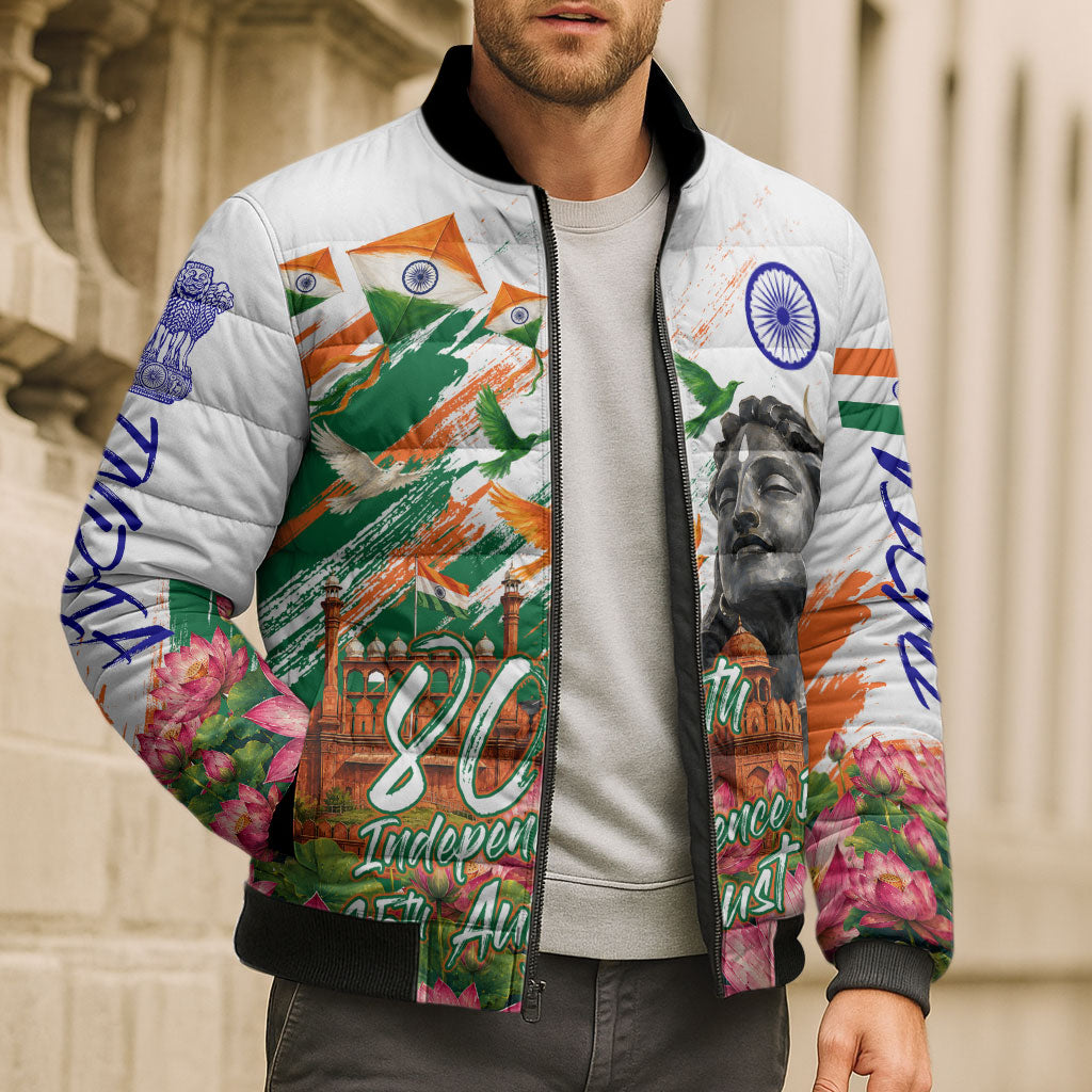 India 80th Independence Day Bomber Puffer Jacket Ashoka Chakra Lotus Landmarks Shiva