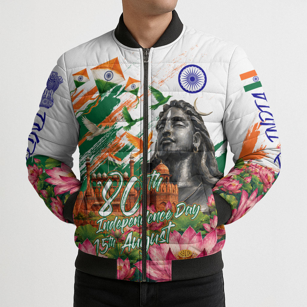India 80th Independence Day Bomber Puffer Jacket Ashoka Chakra Lotus Landmarks Shiva