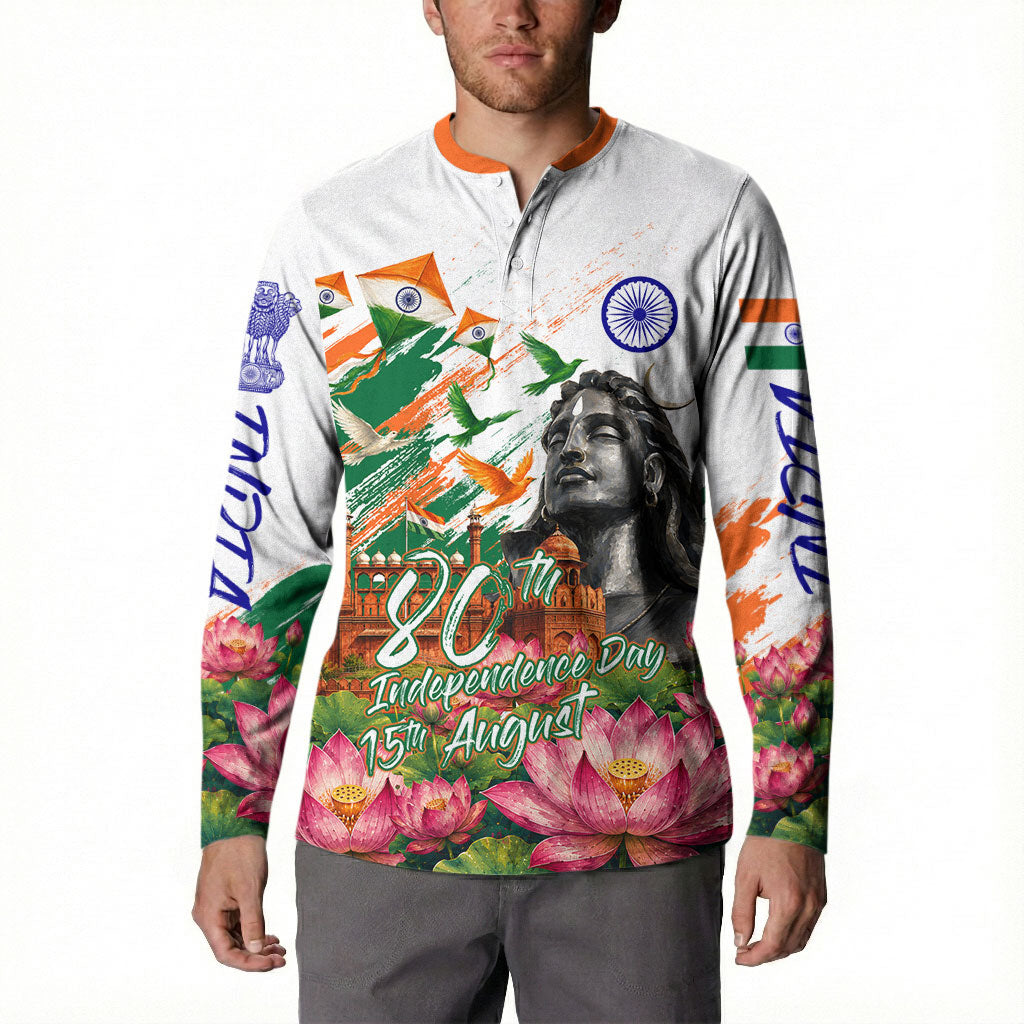India 80th Independence Day Button Sweatshirt Ashoka Chakra Lotus Landmarks Shiva