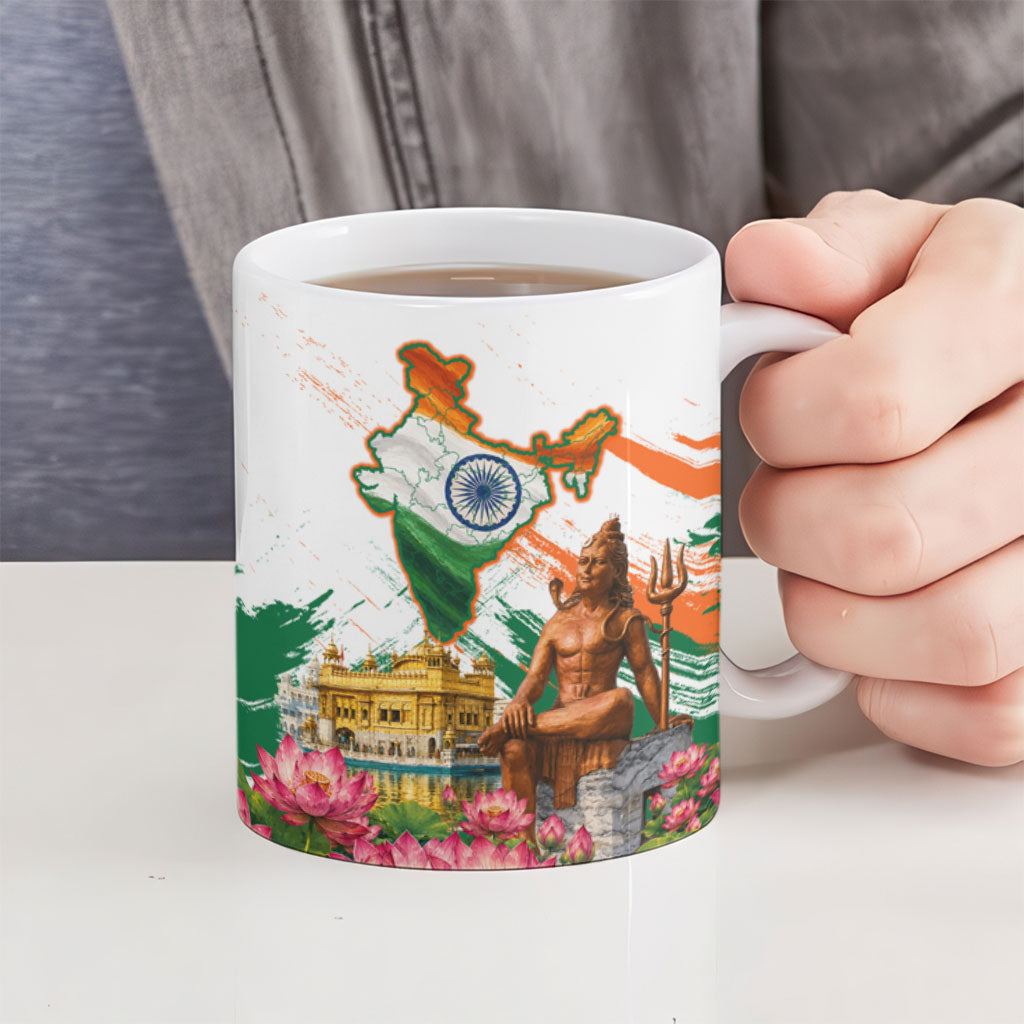 India 80th Independence Day Ceramic Mug Ashoka Chakra Lotus Landmarks Shiva