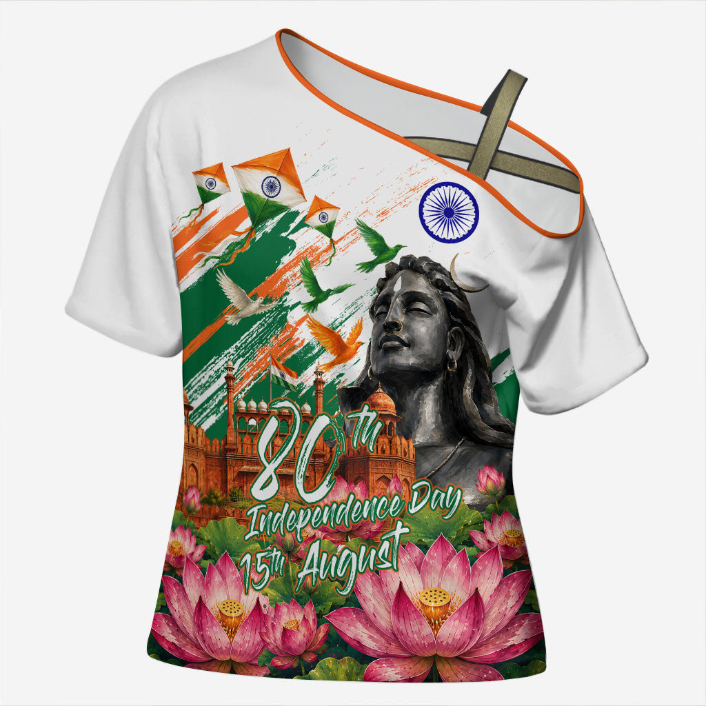 India 80th Independence Day Cross Shoulder Shirt Ashoka Chakra Lotus Landmarks Shiva