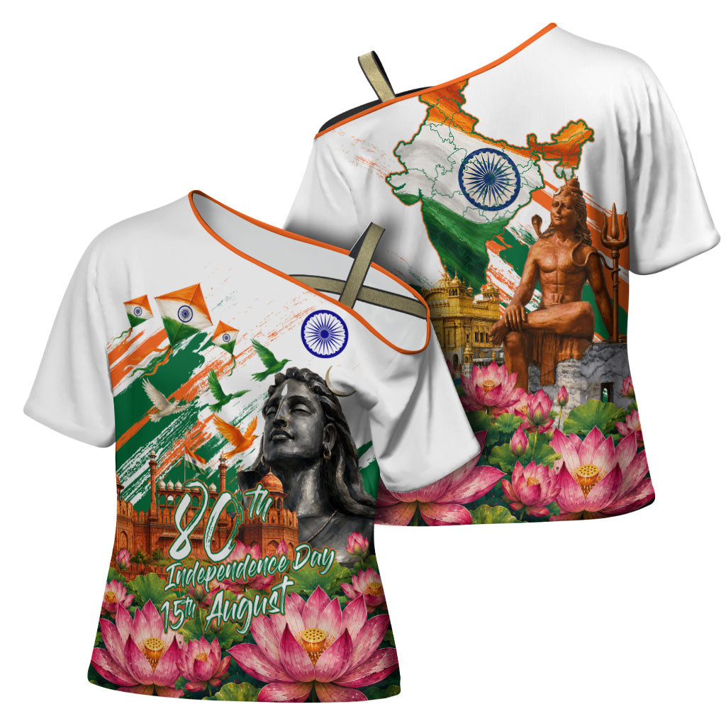 India 80th Independence Day Cross Shoulder Shirt Ashoka Chakra Lotus Landmarks Shiva