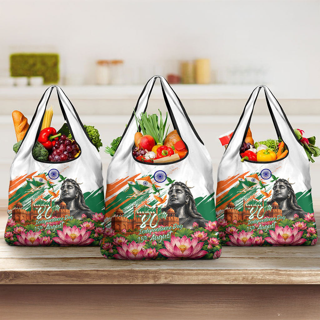 India 80th Independence Day Grocery Bag Ashoka Chakra Lotus Landmarks Shiva