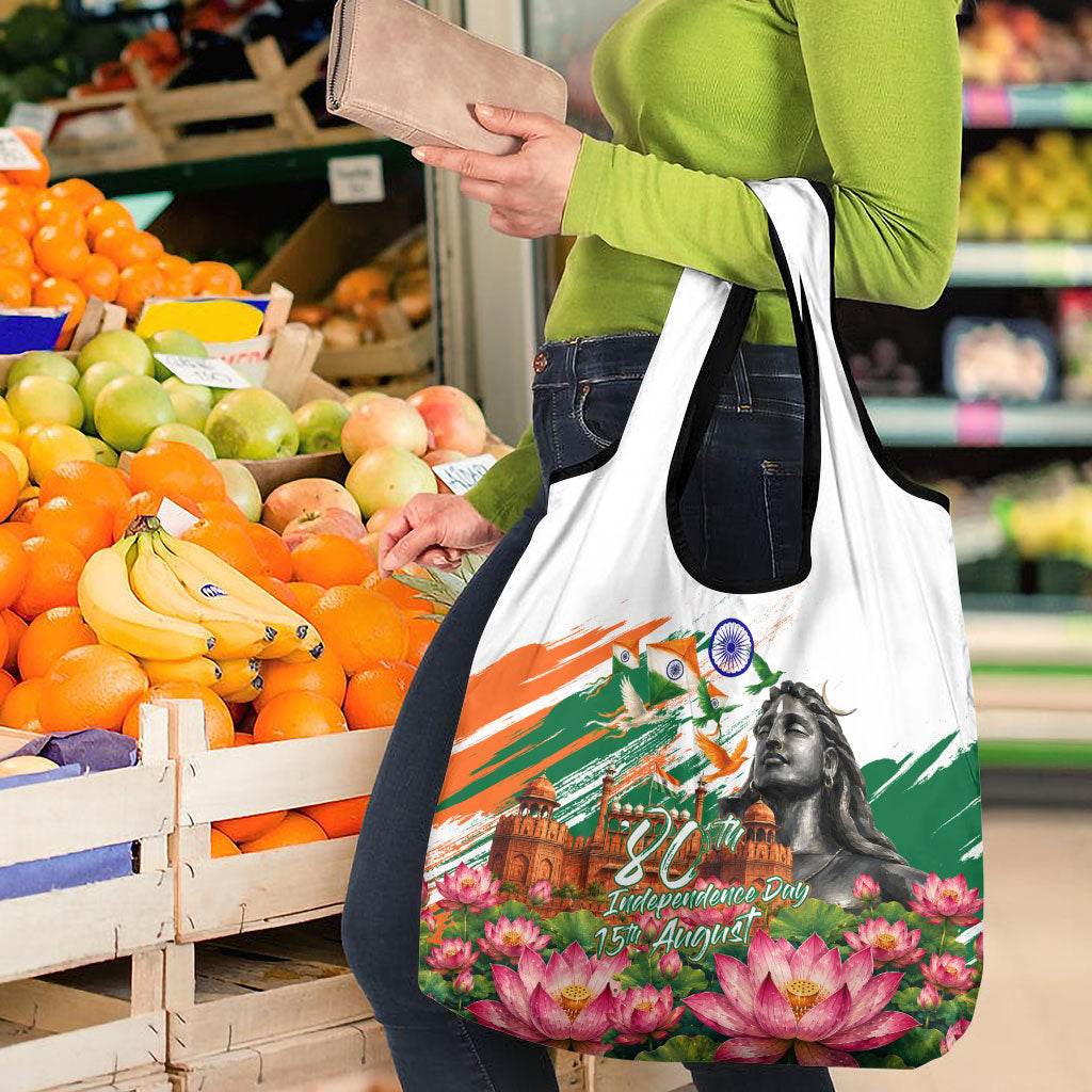 India 80th Independence Day Grocery Bag Ashoka Chakra Lotus Landmarks Shiva