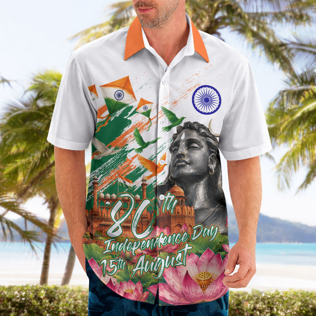 India 80th Independence Day Hawaiian Shirt Ashoka Chakra Lotus Landmarks Shiva