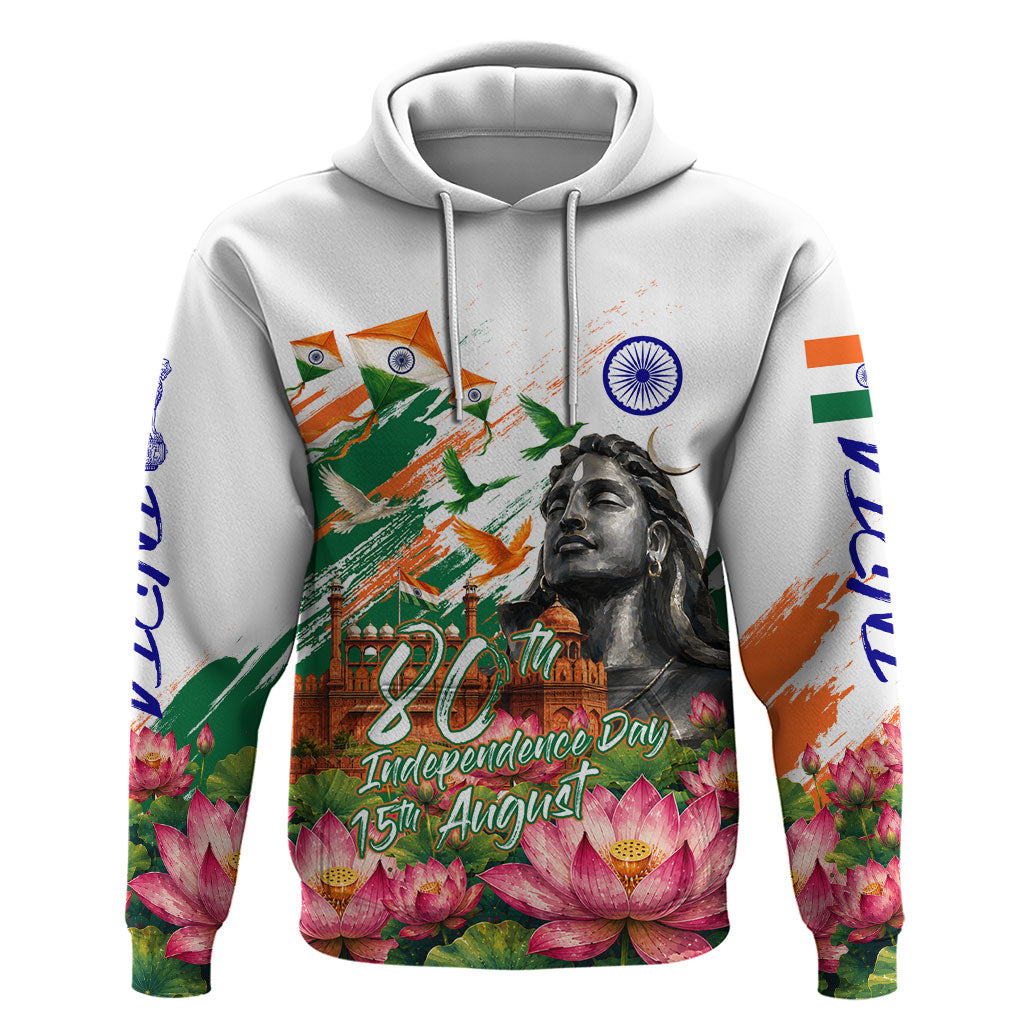 India 80th Independence Day Hoodie Ashoka Chakra Lotus Landmarks Shiva