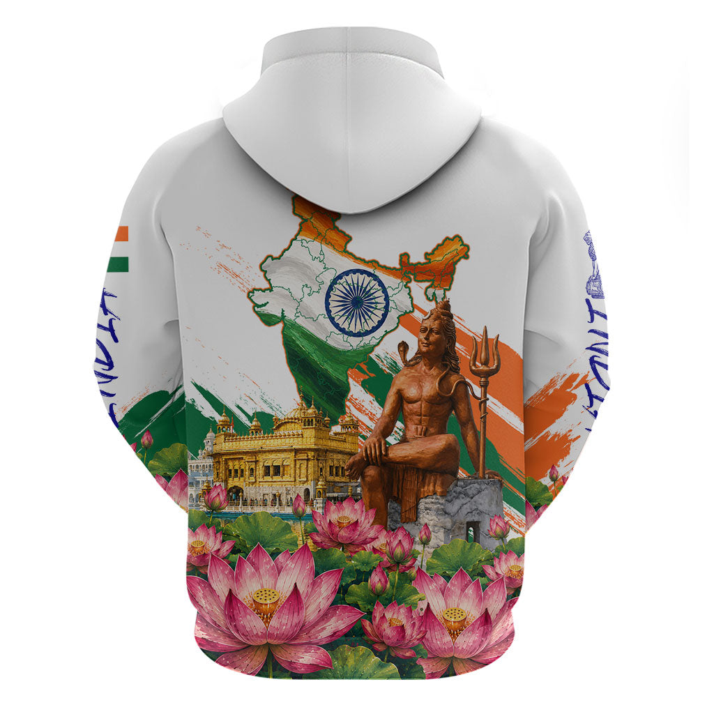 India 80th Independence Day Hoodie Ashoka Chakra Lotus Landmarks Shiva