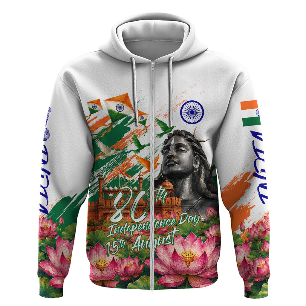 India 80th Independence Day Hoodie Ashoka Chakra Lotus Landmarks Shiva