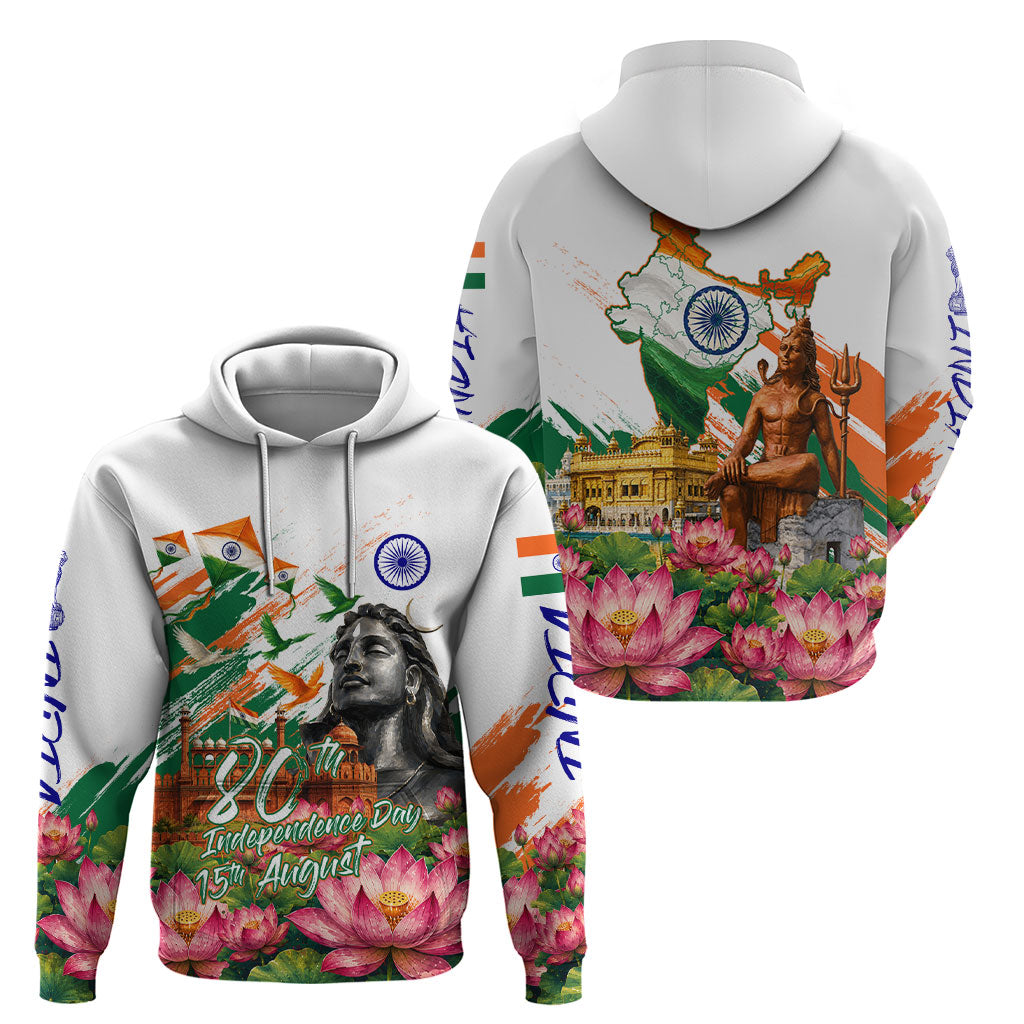 India 80th Independence Day Hoodie Ashoka Chakra Lotus Landmarks Shiva