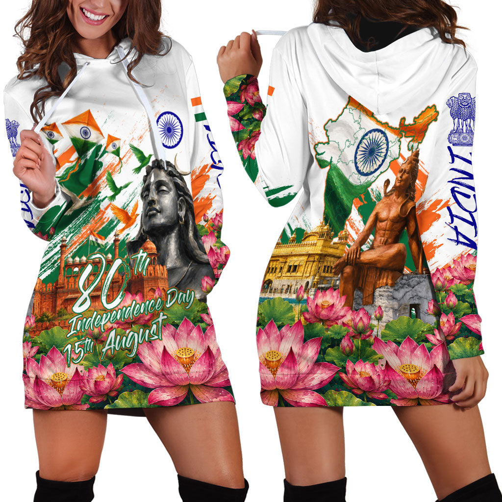 India 80th Independence Day Hoodie Dress Ashoka Chakra Lotus Landmarks Shiva