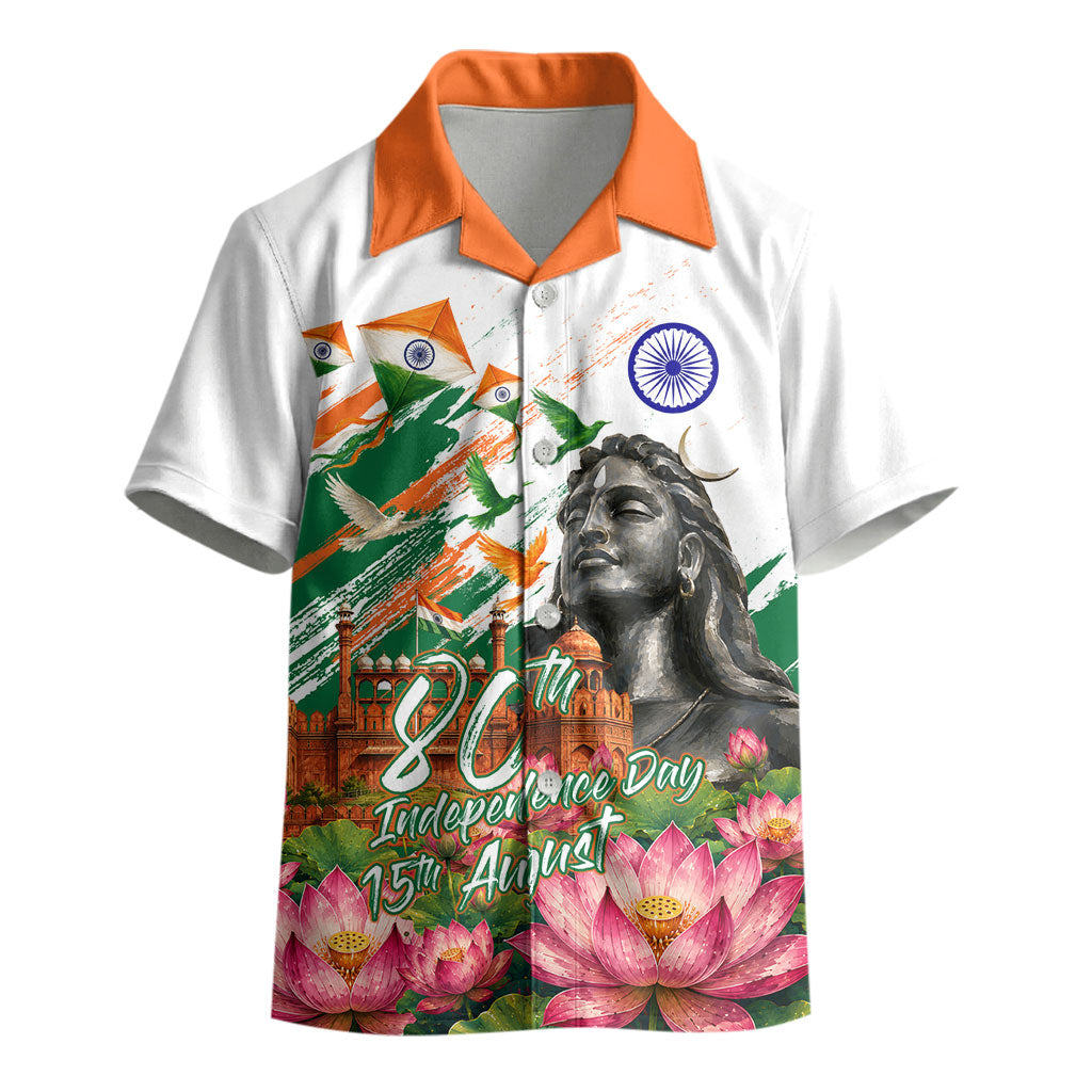 India 80th Independence Day Kid Hawaiian Shirt Ashoka Chakra Lotus Landmarks Shiva