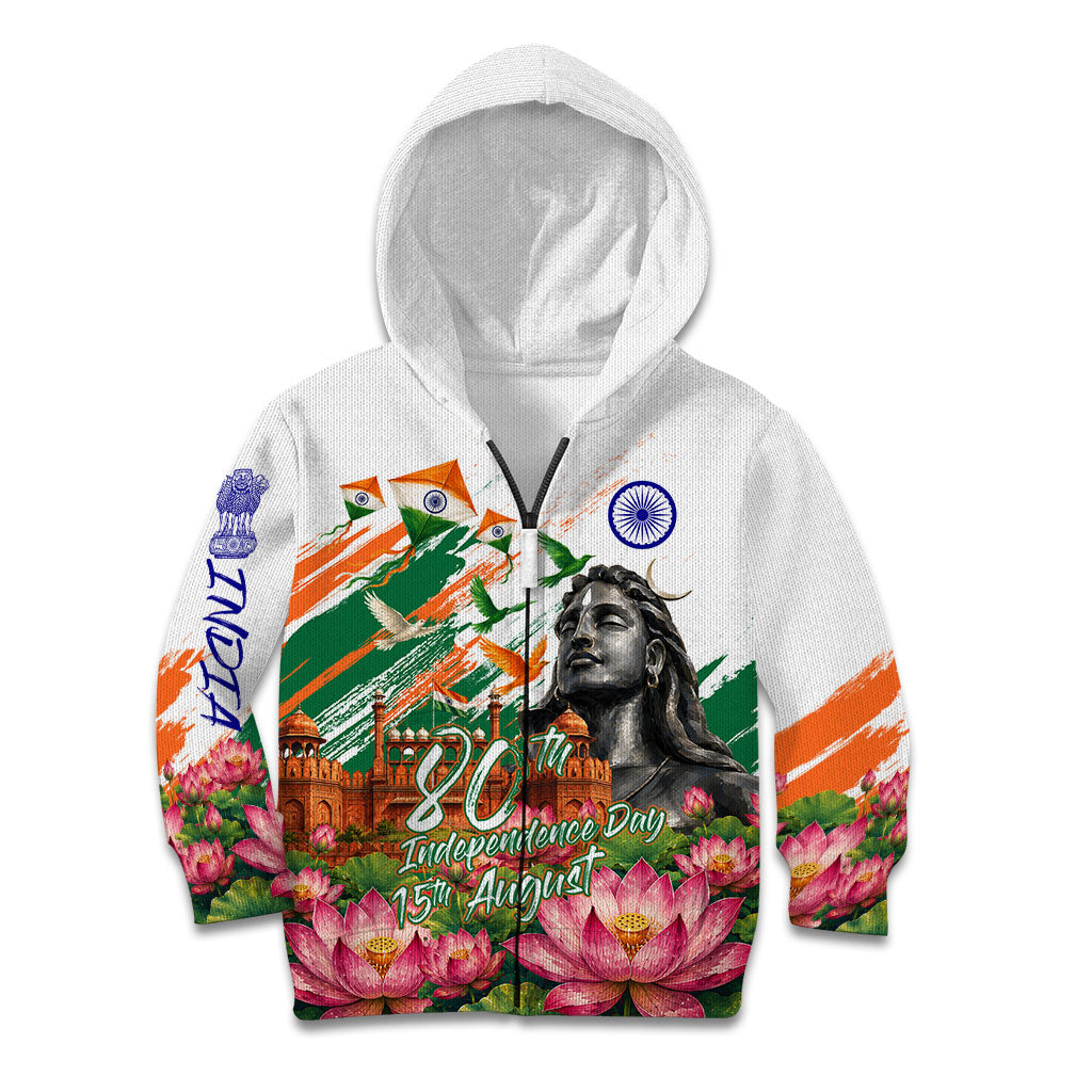 India 80th Independence Day Kid Hoodie Ashoka Chakra Lotus Landmarks Shiva