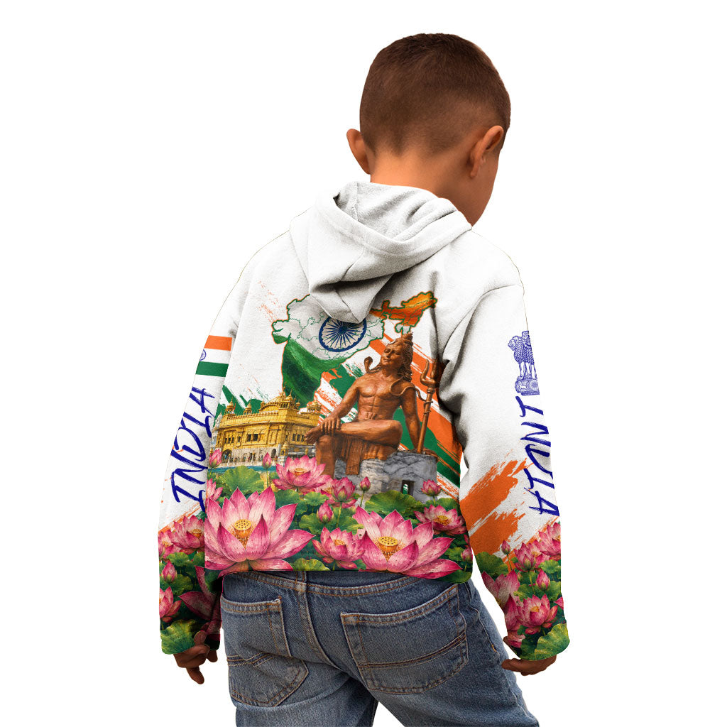 India 80th Independence Day Kid Hoodie Ashoka Chakra Lotus Landmarks Shiva