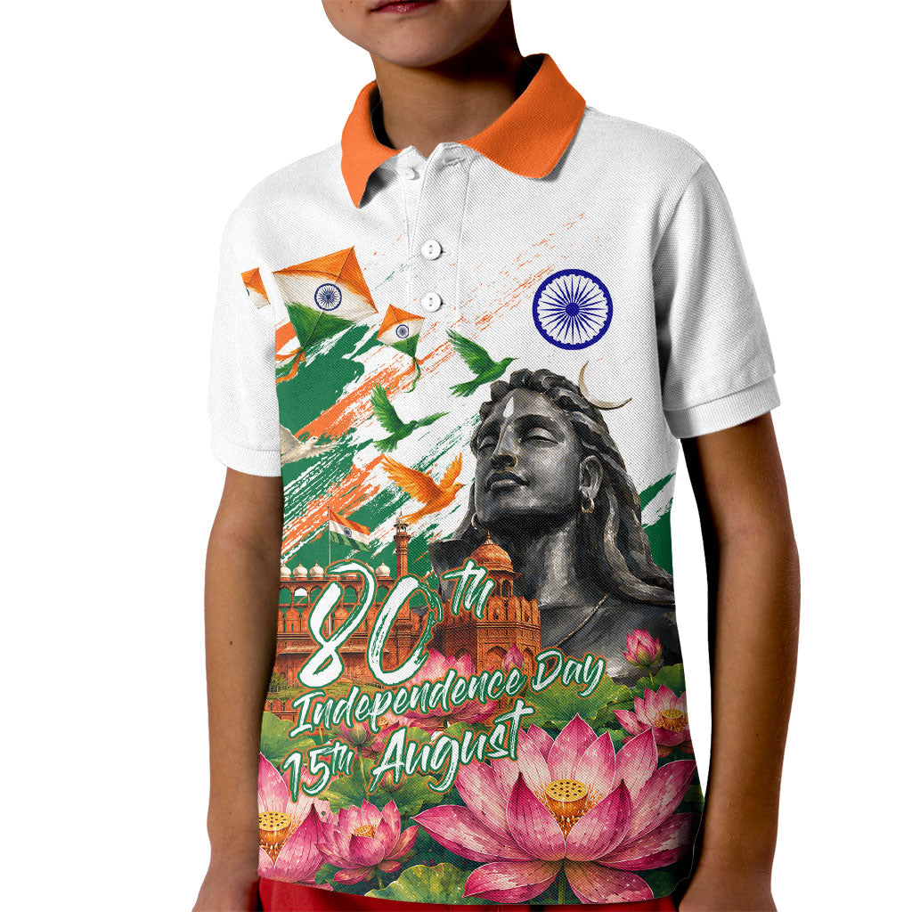 India 80th Independence Day Kid Polo Shirt Ashoka Chakra Lotus Landmarks Shiva