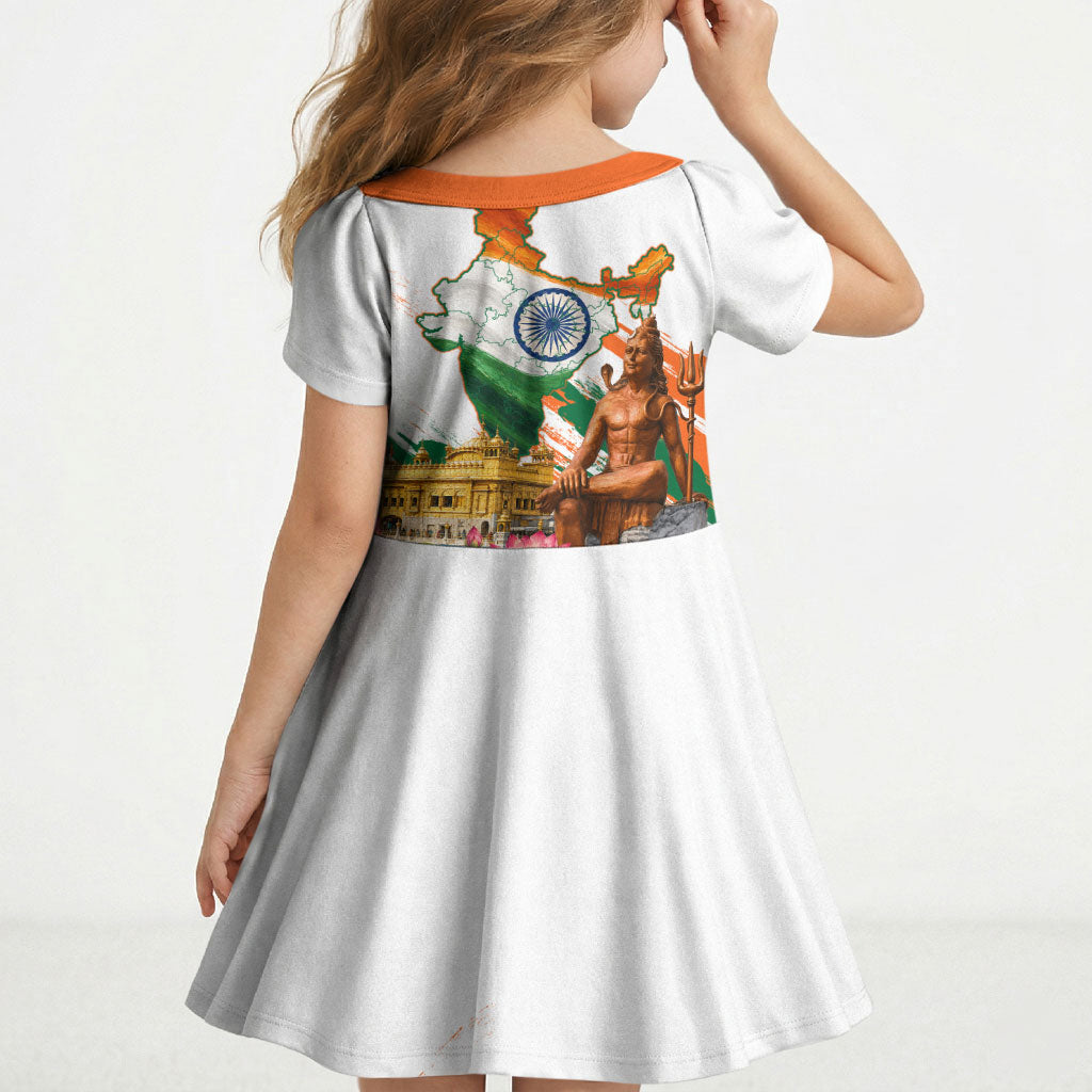India 80th Independence Day Kid Short Sleeve Dress Ashoka Chakra Lotus Landmarks Shiva